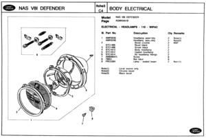 Page 369
CNy Remarks 
Model NAS V81 DEFENDER I 1 I I Page AGMXAA1 B I I I I 1 ELECTRICAL - HEADLAMPS - 110 - WIPAC I I I I 
I 
I I I I I 
Ill. Part No. Descr~gtion 
1 AMR3030 headlamp asseq bly I I I AMR3246 Headlamp asst, nbly Bezel ci trome 
Bezel black I I 3 STC1486 Screw  black 1 I 4 STCl613 Body headlamp 1 5 STC1612 Gasket headlamp 
&Z headlamp fittings 
9 PWC5394 Lamp - sealed beam 
Local  source  only. 
Chrome  bezel 
Black  bezel 
C C * 
I 0 
7 
2 Mote(1) 
2 Note(2) 
2 NSP 
2 
2 
2 
2 
2 
8 
8 
2...