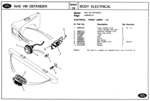 Page 371
NAS V81 DEFENDER BODY ELECTRICAL 
NAS V81 DEFENDER 
ELECTRICAL - FRONT LAMBS - 116 
Ill. Part No. Description Qty Remarks 
1 AMR2040 Lamp  indicator front 
Lamp  indicator  link lead 
2 AMR3143 Grommet  indicator  front 
Lamp  side  amber 
6 AB606051 
I AK606021 
8 AMR2036 2 Note(1) 
9 SE104161L 
3 EYH10025 Mutsert 
This part IS a sealed  unit obtainecl d~rect from Truck-lite Co.   