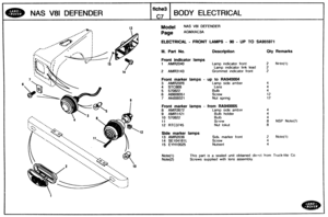 Page 372
BODY ELECTRICAL 
Model NAS V81 DEFENDER 
ELECTRICAL - FRQNT LAMPS - $0 - UP TO SA955971 
818. part NO. Description Qty Remarks 
Front  indicator 
Bamgs 
1 AMR2040 Lamp indicator  front 
Lamp indicator  link lead 
2 AMR3143 Grommet  indicator front 
3 AMR2098 
4 STCW8 
5 570822 
6 AB606051 
7 AK606029 
Front marker lamps - from RAW0005 
8 AMR3672 Lamp side amber 
9 AMR1421 
8 NSP Note(2) 
12 RTC3745 Nut lokut 
Side marker lamps 
13 AMR2036 Sids marker front 2 Note(1) 
14 SEd04161L 
15 EYH10825 
This part...