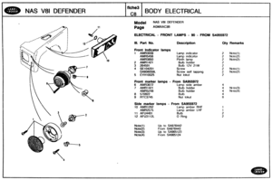 Page 373
NAS V81 DEFENDER 
Model NAS V81 DEFENDER 
ELECTRICAL - FRONT LAMPS - 90 - FROM 8A955972 
Ill. Part No. Description Qty Remarks 
Front Indicator lamps 
1 AMR3939 Lamp  indicator 2 Note(1) 
AMR5456 Lamp  indicator 2 Notc(2) 
10 AMR3858 Plinth lamp 2 Note(2) 
2 AMR1421 Bulb holder 
3 264591 Bulb 12V 21W 
4 SE104201 Screw 2 Note(1) 
DA606059L Screw self tapping 2 Note(2) 
5 EYH10025 Nut lokut 
Front  marker  lamps - From 8A955972 
6 AMR3672 Lamp side amber 
7 AFdRd421 Bulb holder 4 Nntc(3) 
AMR5248 Bulb...