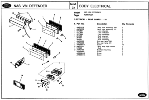 Page 374
NAS V81 DEFENDER BODY ELECTRICAL 
Model NAS V81 DEFENDER 
ELECTRICAL - REAR LAMPS - 100 
Ill. Part No. Description Qty Remarks 
1 AMR2038 Lamp  rear  assembly RH 
2 AMR2039 Lamp  rear  assembly LH 
3 STC891 Lens stopltail 
4 STC893 Lens indicator 
5 STC894 Lens reversing 
6 264590 Bulb stop/tail 
Bulb  indicator 
Bulb  reversing 
7 AMR2222 Box rear lamp RH 
8 AMR2223 
9 AR606041 L 
10 AMR2051 
11 570829 
12 AMR2155 Bracket  mounting 
AB606084 
AB608844L 
AR60604 1 L   