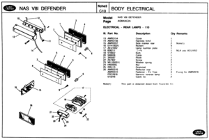 Page 375
NAS V81 DEFENDER BODY ELECTRICAL 
Model NAS V81 DEFENDER 
ELECTRICAL - REAR LAMPS - 910 
Ill. Part No. Description Qty Remarks 
13 AMR2154 
14 AMR2156 Harness h/mA 
15 AMR2037 Side rnarker rear 2 Notr?(l) 
16 EYH10025 
17 AEU1652 
1 NLA use AEU1652 
19  570822 
20  589026 
21  345597 
22  257302 
23 
WL105001L Washer sprtng 
24 HN2005L 
25 235113  Grommet 
26 
AMR2076 Reflector  rear 
AMR33 10 Fasterier - Fir Tree 4 F~XIII~ for AMR2076 
PRC2876 Harness reverse lamp 
Cable 
tte 
Thts part IS obta~ned...