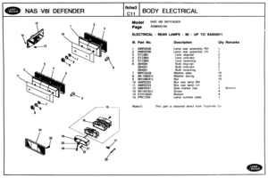 Page 376
NAS V81 DEFENDER BODY ELECTRICAL 
Model NAS V81 DEFENDER 
ELECTRICAL - REAR LAMPS - 90 - UP TO SA955971 
Ill. Part No. Description Qty Remarks 
1 AMR2038 Lamp rear  assembly RH 
2 AMR2039 Lamp rear  assembly  LH 
3 STC891 Lens stop/tail 
4 STC893 Lens indicator 
5 STC894 Lens reversing 
6 
264590 Bulb stopjtail 
Bulb  indicator 
8 WL106001L 
9 NHlM04lL 
10 AhAR2222 Box rear  lamp RH 
11 ANOR2223 Box rear lamp LH 
12 AMR2037 
13 SE104161L 
14 EYH10025 Nutsert 
15 PRC7255 Lamp number  plate 
15 ------_...