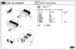 Page 377
NAS V81 DEFENDER BODY ELECTRICAL 
Model NAS V81 DEFENDER 
ELECTRICAL - REAR LAMBS - 90 - UP TO SA955971 
111. Paps No. Description Qty Remarks 
16 606211 Lens 1 NLA 
17  570822 
18 
589026 
19 345597 
20 SH105551 
21 WM702001 L Washer spring 
22 
NH105041L 
23  235113  Grommet 
24 AMR2076 Reflector rear 
25 RIB80804 1 Screw 4 Note(1) 
AMR33 1 Q Fastener  Fir  Tree 4 Nrltc(2) 
Note( 1 ) Up to RA933850 
Note(2) From RA93385 1 
.------ 
C   