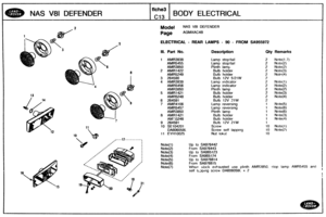 Page 378
NAS V81 DEFENDER BODY ELECTRICAL 
Model NAS V81 DEFENDER 
ELECTRICAL - REAR LAMPS - 90 - FROM SA955972 
Ill. Part No. Description Qty Remarks 
1 AMR3938 Lamp stop/tail 2 Note(l,7) 
AMRM55 Lamp stop/tail 2 Note(2) 
AMR3850 Plinth lamp 2 Note(2) 
2 AMRd422 Bulb  holder 2 Notc(3) 
AMR5249 Bulb  holder 
3 264590  Bulb 
12V 5!21W 
4 AMR3939 Lamp indicator 2 Noto(1) 
AMR5456 Lamp indicator 2 Note(2) 
AMR3850 Plinth  lamp 2 Note(2) 
5 AMR1421 Bulb  holder 2 Note(3) 
AMR5248 Bulb holder 2 Note(4) 
6 264591 Bulb...