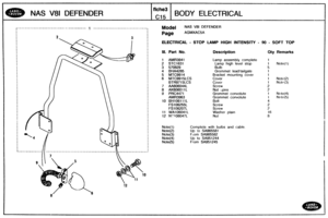 Page 380
NAS V81 DEFENDER BODY ELECTRICAL 
Model NAS V81 DEFENDER 
ELECTRICAL - STOP LAMP HIGH INTENSITY - 90 - SOFT TOP 
ICI. Part No. 
1 AMR3941 Lamp assembly  complete 
2 STC1631 I I 3 570829 1 I 4 BHA4285 Grommet lead!tailgate I I 5 MTC9914 Bracket  mounting  cover t I 6 MTC9915LCS Cover 1 Notc:(2) I BTR9715LCS Cover 1 Notc(3) 
7 AA606044L 
8 AK606811 L 
9 PRC4471 1 Note(4) 
Grommet  convolute 1 Notc(5) 
10 BH106111L 
FS 1 06255L 
FS 1 G6207L 
11 WA106041L 
12 N.!06847L 
Complete with bulbs  and  cable. 
Up...