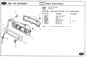 Page 381
NAS V81 DEFENDER 
f iche3 
C1G 
BODY ELECTRICAL 
Model NAS V81 DEFENDER 
Page AGMXACSB 
I 2 ELECTRICAL - HIGH LEVEL STOP LAMP - 90 - STATION WAGON I 
1  3 111. Part No. Description Qty Remarks 
AMR 1 285 
26459 1 
BTR2940 
BTR44 14 
AWR4639 
AWR4647 
AMR2 1 58 
233244 
NY105041 L 
Use Loctite 
Lamp high level stop 
Bulb 1211 21W 
Screw 
Cover laiyip 
Adaptor stop lamp 
Stud mounting 
Harness h!mil 
Grommet 
Nut 
Nyloc M5 
326 to attach stud to rear screr-n   