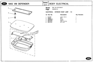 Page 382
NAS V81 DEFENDER BODY ELECTRICAL 
I 
-4 
Model NAS V81 DEFENDER 
Page AGMXAE1 A 
ELECTRICAL - INVERlOR ROOF LAMB - 110 
Ill. Part No. Description 
Lamp ~nterloi 
Bulh 
Screw 
Gasket 
Plate back~ng 
Nu! lokut 
Qty Remarks   