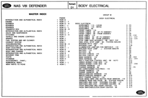 Page 384
NAS V81 DEFENDER BODY ELECTRICAL 
MASTEW INDEX GROUP M 
PAGES BODY ELECTRICAL 
INTRODUCTION  AND ALPHABETICAL 
INDEX 1  ROW B 
1 ROW @ - F 
1 ROW (5 - H  BODY  ELECTRICAL 
1 ROW I - J HEADLAMPS - 1?9 - LUCAS 
1 
ROW K - L  HEADLAMPS - 110 - WIPAC 
TRANSFER BOX 1 ROW M - N HEADLAMPS - 90 
INTRQDUCTION AND ALPHABETICAL INDEX 2 ROW B FRONT LAMPS - 1 10 
AXLES AND  SUSPENSION 2 ROW C - F  FRONT 
LAMPS - 90 UP TO SA955971 
2 ROW G - H  FRONT 
LAMPS - 90 - FROM SA955972 
REAR LAMPS - 1 10 3 C3 - C10 VEHCLE...