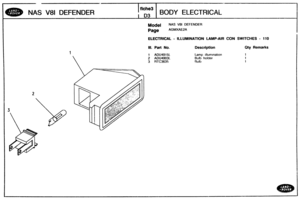 Page 386
Model NAS V8l DEFENDER 
Page AGMXAE2A 
NAS V81 DEFENDER 
I fiche3 
I D3 
ELECTRICAL - ILLUMINATION LAMP-AIR CON SWITCHES - Id0 
BODY ELECTRICAL 
I 
Ill. Part No. Description Bty Remarks 
Lamp  illumination 
Bulb holder 
Rulb   