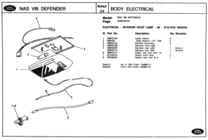 Page 387
NAS V8I DEFENDER BODY ELECTRICAL 
Model NAS V81 DEFENDER 
AGMXAE4A 
ELECTRICAL - INTERIOR ROOF LAMP - !3O - STATIQN WAGON 
Ill. Part No. Description Qty Rernaraks 
1 AMR3155 Lamp interio; 
2 506438 Bulb festcp~n 12V 10W 
3 AMR3142 Bracket mount~ng 
4 AMR3158 Harness front  light 
5 AMR3322 Harness  rear hght 1 Note(1) 
AMR57 14 Harness  rear light 1 Note(2) 
6 AMR3727 Cable rear end door sw 
7 AFU4241L Switch front  door 
8 PRC8548 Switch  rear  end dc _rr 
Up to VIN Prefix TA999171 
From VIN Prefix...