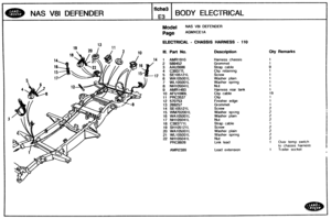 Page 404
NAS V81 DEFENDER BODY ELECTRICAL 
Model NAS V81 DEFENDER 
Page AGMXCE1 A 
I ELECTRICAL - CHASSIS HARNESS - 110 I 
Part No. 
AMR191G 
589452 
MU3686 
C39377L 
SE105121 L 
WA105001 L 
WL105001 L 
NH105041L 
AMR1493 
AFU 1 090L 
PRC3537 
570753 
269257 
SE105121L 
VIM70200 1 L 
WA105081 L 
NH105041L 
C393771 L 
SH105121L 
walosrsol L 
WL105081 L 
NH105041 L 
PRC8928 
Description 
Harness  chassis 
Grommet 
Strap  cable 
Clip  retaining 
Screw 
Washer 
plain 
Washer  spring 
Nut 
Harness  rear  tank 
Clip...