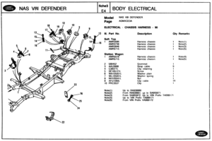 Page 405
Model NAS V8l DEFENDER 
Page AGMXCE3A 
NAS V81 DEFENDER 
f iche3 
E4 
ELECTRICAL - CHASSIS HARNESS - 98 
BODY ELECTRICAL 
11. Bart Ms. Description 
Soft Top 
1 AMR3086 
AMR3736 
AMR3946 
AMR5715 
Harness chassis 
Harness  chassis  Harness  chassis 
Harness  chassis 
Station Wagon 
1 AMR5518 Harness  chassis 
AMR5715 Harnsss chassls 
Grommet 
Strap 
cable 
Clip  retaining 
Screw 
Washer  plain 
Washer  spring 
Nu! 
Clip cable 
Clip 
Note(1) Up to WA939980 
Note(2) From RA939981, up to SA955971 
Note(3)...