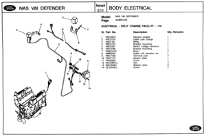 Page 412
BODY ELECTRICAL 
Model NAS V81 DEFENDER 
ELECTRICAL - SPLIT CHARGE FACCLifY - 110 
Ill. Part No. Description Qty Remarks 
1 PRC5878 Harness  engine 
2 PRC5724 Cable split charge 
3 ASU1151 
4 PRC5723 Bracket  mounting 
5 
bRC4427 Switch  voltage sensitive 
6 PRC4795 Bracket  mounting 
7 RA610123 
8 AMR2351 Cable volt sensitive sw. 
9 PR67100 Terminal  post 
10 PRC7173 Keeper  plate 
11 PRC5003 
12 NH104041L 
13 WA704061 Washer  plain 
14 
SE104161L   