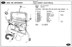 Page 413
NAS V81 DEFENDER 
Model NAS Val DEFENDER 
ELECTRICAL - REAR WASH WIPE ANQ HEATED REAR WONDOW - 110 
IIII. Part No. Description Qty Remarks 
1 PRC6290 Harness-rear door 
2 BMK1714 Grommet 
3 
PRC4471 Grommet  convolute 
AMR3963 Grommet  convolute 
4 
MTC9914 Bracket mounting 
MTC991 SLCS 
6 AA686844h 
7 AK606011 L 
8 AB610041L 
9 WA105Q81 L Washer  plain 
I0 233243  Grommet d Lower 
11 235113  Grommet 1 Upper 
Up to SA951244 
FI om SA95 1245   