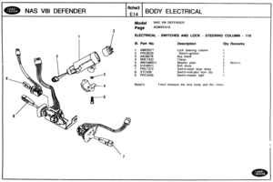 Page 415
Mode] NAS V81 DEFENDER 
Page AGMXEAI A 
NAS V81 DEFENDER 
f lche3 
El4 
ELECTRICAL - SWITCHES AND LOCK - STEERING COLUMN - 110 
BODY ELECTRICAL 
Ill. Part No. Description Qty Remarks 
I 
Lock steering column 
Switch-ignition 
Key blank 
Clamp 
Washer  plain 
Bolt  shear 
Switch-wash  wipe  delay 
Switch-indicator  horn dip 
Switcti-master light 
Nofe(1) Fitted  between  the lock body and  tho clam()   