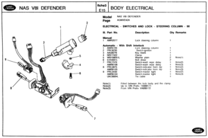 Page 416
NAS V81 DEFENDER BODY ELECTRICAL 
Model NAS V81 DEFENDER 
AGMXEA2A 
ELECTRICAL - SWITCHES AND LOCK - STEERING COLUMN - 90 
Ill. Part Ma. Description Qty Remarks 
1 AMR2077 Lock steering  column 
Automatic - With Shift Interlock 
1 ANR5720 
2 PRC.8230 
3 AAU8276 
4 NRC7422 
5 WB108051L 2 Nr)te(l) 
6 51K4001L Bolt shear 
7 PRC7370 Switch-wash wipe delay I Note(2) 
AMR6106 Switch-wash wipe delay 1 Note(3) 
8 PRC3875 Switch-indicator  horn d~p 1 Note(2) 
AMR6 105 Switch-indicator  horn dip 1 Notc:(3) 
9...