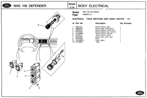 Page 417
NAS V81 DEFENDER BODY ELECTRICAL 
Model NAS V81 DEFENDER 
ELECTRICAL - FACIA SWITCHES AND CIGAR LIGHTER - 110 
Ill. Bart No. Description Qty Remarks 
1 PRC7371 Switch-interior  light 
2 AMR2075 Switch-dash  illumination 
3 PRC6797 Switch-heated windscreen 
4 
PRC4433 Switch-heated  rear window 
5 AFU4209L Switch-hazard  warning 
6 STC873 Bulb hazard switch 
7 PRC4449 Switch-rear wash wipe 
€3 PRC4454 
9 YUJ10037L 
10 RTC3635   