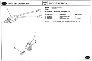 Page 422
NAS V81 DEFENDER 
fiche3 
F3 
Bow ELECTRICAL 
Model AS V8l DEFENDER 
Page AGMXECSA 
ELECTRICAL - AUXILIARY SWTCHES - 90 
Ill. Part No. Description QPy Remarks 
Switch-courtesy light 
Screw 
Switch-reverse lamp 
Nde( 1) Up to Ra939980, from RA939901 see fvarne 118 - 199   