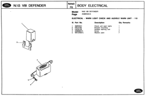 Page 425
Model NAS V81 DEFENDER 
Page AGMXGA1 A 
NAS V81 DEFENDER 
ELECTRICAL - WARN LIGHT CHECK AND AUDIBLE WARN UNIT - 110 
Ill. Part No. Description Oty Remarks 
fiche3 
F6 
Check unit warn  lights 
Bracket  mounting 
Audible  warning  unit 
Screw 
Washer  plain 
BODY ELECTRICAL   