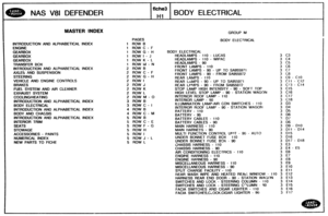 Page 456
NAS V81 DEFENDER BODY ELECTRICAL 
MASTEW INDEX GROUP M 
PAGES BODY ELECTRICAL 
INTRODUCTION AM0 ALPHABETICAL  INDEX 1 ROW B 
1 ROW C - F 
1 ROW G - H BODY ELECTRICAL 
1 ROW I - J HEADL.AMPS - 1 10 - LUCAS 
1 ROW K - L  HEADLAMPS - 1 10 - WIPAC 
1 ROW id - N HEADLAMPS - 90 
INTRODUCTION AND ALPHABETICAL  INDEX 2 ROW B FRONT LAMPS - 1 10 
AXLES AND SUSPENSION 2 RQW C - F FRONT LAMPS - 90 - UP TO SA955971 
FRONT LAMPS - 90 - FROM SA955972 2 ROW G - H 
REAR LAMPS - 1 10 
VEHICLE AND ENGINE CONTROLS 2 ROW I...