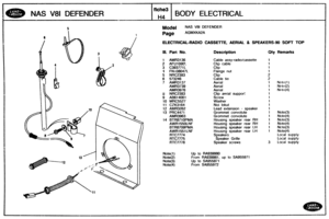 Page 459
NAS V81 DEFENDER BODY ELECTRICAL 
Model NAS V8l DEFENDER 
ELECTRICAL-RADIO CASSEGTE, AERIAL 81 SPEAKERS-90 SO- TOP 
Ill. Part No. Description Qty Remarks 
1 AMR3136 Cable assy-rad~o/cassette 
2 AFU1090L 
3 C393771 L 
4 FNU08047L 
5 NRC2383 
6 573246 
7 
AMR3137 Aerial 1 Notc(1) 
AM83739 
AMR3976 
8 NRC2383 Clip aerial suppot? 
9 AB614061 
10 MRC5527 Washer 
11 CZK3164 Not lokut 
12 AMR3262 Lead extension - speaker 
13 PRC4471 Grommet  convolute 1 Note(3) 
AMR3963 Grommet  convolute 1 Note(4) 
14 BTR871...
