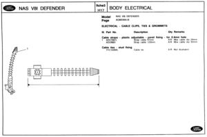 Page 472
A R Not ~lli~stratcd 
NAS V81 DEFENDER BODY ELECTRICAL 
Model NAS V81 DEFENDER 
Page AGMXWAO B 
ELECTRICAL - CABLE CLIPS, TiES & GROMMETS 
Ill. Part No. Description Qty Remarks 
Cable straps - plastic adjustable - panel fixing - for 6.4rnrn hole 
1 ADUJ981 L Strap cable 97mm A:R Max cable dia 24mm 
ADUS981 Strap cable 122rnm A,R Max cable d~a 32mm 
Cable ties - stud fixing 
YYC10294L Cable tie   