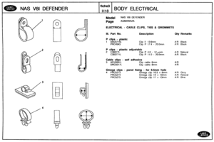 Page 473
NAS V81 DEFENDER BODY ELECTRICAL 
Model NAS V8i DEFENDER 
AGMXINA2A 
ELECTRICAL - CABLE CLIPS, TlES & GROMMETS 
Ill. Part No. DescrEption Qty Remarks 
B clips - plastic 
1 MU3715L Clip F 13.6mn1 AR Biack 
PRC4543 Clip P 17.4 - 20.Omm A!R Black 
P clips - plastic adjustable 
2 C39377L Clip P 4.0 - 12.urnn1 A:R Nattlral 
~393771 L Clip P 11.0 - 20.0mm AR Black 
Cable clips - self adhesive 
3 AFU308lh Clip cable 6mm 
DRC5017L Clip cable 8mm 
Omega clips - panell fixing - for 6.5mm hole 
4 PRC5273 Omega...