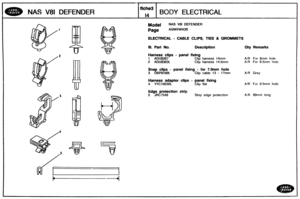 Page 477
NAS V81 DEFENDER BODY ELECTRICAL 
NAS V8l DEFENDER 
AGMXWA38 
ELECTRICAL - CABLE CLIPS, TIES & GROMMETS 
I!!. Part No. Description UXy Rervrahs 
Harness clips - panel fixing 
1 ADU8267 Clip harness 14mm NR For 6mm hole 
2 ADU8383L Clip harness 14.5mm A R For 6 5mm hole 
Snap clips - panel fixing - for 7.0mm hole 
3 DBP8169L Clip cable 13 - lirnm 
Harness adaptor clips - panel fixing 
4 WClWjOL Clip flat AR For 6 5mm hole 
Edge psoteetl~n strip 
5 JRC7548 Strip edge protection AH Wrnm long   