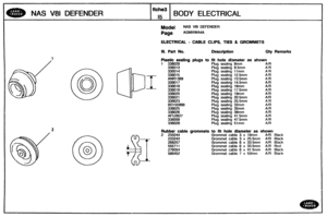 Page 478
NAS V81 DEFENDER 
fiche3 
15 
BODY ELECTRICAL 
Model NAS V81 DEFENDER 
Page AGMXWA4A 
I 
ELECTRICAL - CABLE CLIPS, TlES & GROMMETS 
I Ill. Bart No. Description CBy Remarks 
Plastic sealing plugs to fit hole diameter as shown 
1 338029 Plug  sealing 8mm A/ 
33801  3 Plug sealing 9.Smm A, 
33881  4 Plug sealing 1 1 rnm A 
33801  5 Plug sealing 12.5mm A, 
ANR 1 369 Plug  sealing 13.5rnrn A 
33801 7 Plug sealing 14.5mm A 
338018 Plug sealing 16mm a/ 
338U19 Plug  sealing 17.5mm A 
338020 Plug sealing 19mm...