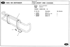 Page 491
Model NAS V81 DEFENDER 
Page AGNXAII A 
NAS V81 DEFENDER 
I 
CHASSIS - NUDGE BAR - 110 
f lche4 
C13 
BODY AND CHASSIS 
Ill. Part No. Description 
Nudge bar 
Bolt  torx 
dr~ve M8 
Cap for bolt 
Stiffener 
RH 
Stiffener LH 
Qty Remarks   