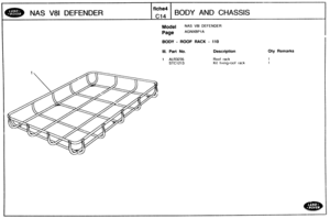 Page 492
Qty Remarks 
NAS V81 DEFENDER BODY AND CHASSIS 
[Model NASV8l DEFENDER 
Page AGNXBP I A 
BODY - ROOF RACK - 110 
Ill. Part No. Description 
1 ALR3235 Roof rack 
STC1213 Kit f~xing-roof rack   
