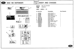 Page 494
8 PRE3SURISEP DO ROT BISYAUTLE 
NAS V81 DEFENDER BODY AND CHASSIS 
Model NAS V81 DEFENDER 
- BODY - LABELS - 110 
Ill. Part No. Description Qty Remarks 
1 BTR328 Label  antifreeze 
2 BTR358 Label  genuine  parts 
3 BTR389 Label asbestos 
WRRWIIIC-WHEW €#GIRL IS HOT FUER PLUQ MU#? ROT BE RIlQVED 4 ERR321 Label warning  rad filler 
5 ESR436 Label fuel  spillage 
6 MUC5310 Label  engine oil I 
7 MWC1691 Label-warn-fan 
8 MWC1695 Label  boge unit 
9 MWC1696 Label  warning 
10 MWC6222 Label warning s,blt...