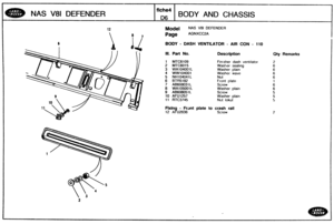 Page 502
Qty Remarks 
NAS V81 DEFENDER BODY AND CHASSIS 
12 Model NAS VBI DEFENDER 
BODY - DASH VENTILATOR - AIR CON - 110 
Ill. Part No. Description 
1 MTC6109 Finisher dash ventilator 
2 MTC6Ol5 Wasiier sealing 
3 WA164001 L Washer  plain 
4 WW004001 Washer wave 
5 NHlQ4041L Nut 
6 8TR5182 Front plats 
7 ABBjQ8031L Screw 
8 WA105001L Washer plain 
9 AB608051 L Screw 
10 AFU1257 Washer  plain 
11 RTC3745 Ntlt Jokut 
Fixing - Frint plate to crash rail 
12 AFU2636 Screw   