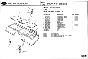 Page 511
NAS V81 DEFENDER BODY AND CHASSIS 
Model NAS L81 DEFENDER 
BODY - SEATBASE FITTINGS - 90 
IN. Part No. Description Qty Remarks 
1 MXC7481 Cover-battery access 1 Nnte(1) 
AhR5110 Cover-battery access 1 Note(2) 
2 MXC9116 Cover-centre 1 Notc(1) 
Cover-centre 1 Note(3) 
cover-centre 1 Notc(4) 
5 53K3039L 
6 MXC7485 1 PJotc(1) 
Cover -tool  access 1 Note(2) 
7 MXC6338 Angle locating 
8 MRC8388 
9 R8613102 
10 338017 
11 338028 
Up to RA932671 
From RA932672 
From RA932672, Up to VIN prefix TA999171 
From...
