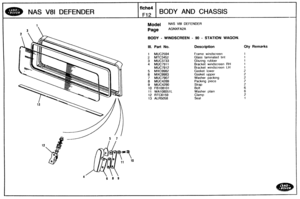 Page 544
NAS V81 DEFENDER BODY AND CHASSIS 
Model NAS V81 DEFENDER 
Page AGNXFMA 
BOQY - WINDSCREEN - 90 - STATION WAGON. 
III. Part No. Description Qty Remarks 
1 MUC2594 Frame  windscreen 
2 MTC3452 Glass laminated  tint 
3 MUC3733 Glazing  rubber 
4 MUC7911 Bracket  windscreen RH 
MUC79 12 Bracket  windscreen LH 
5 MXC9982 Gasket  lower 
6 MXC9983 Gasket upper 
7 MUC790J Was her packing 
8 
MUC4289 Packing  piece 
9 
MUC4290 
10 FBI08101 
I1 WA108051L 
12 RTC6159 
13 ALR5058   