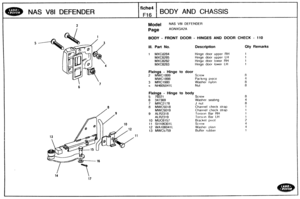 Page 548
NAS V81 DEFENDER 
fiche4 
F16 
BODY AND CHASSIS 
Model NAS V81 DEFENDER 
Page AGNXGA2A 
BODY - FRONT 
ill. Part No. 
Fixings - Hinge 
2 MWC1899 
MWC1898 
3 MRC1980 
s NH605041 L 
Fixings - Hinge 
5 79221 
6  347369 
7 
MRC2178 
8 MWCSO18 
MWC50 19 
9 
ALR2318 
ALR23 19 
10 
MUC6157 
91 SE4106301L 
12 WA106041L 
13 MWC5759 
DOOR - HINGES AND DOOR 
Description 
Hinge door upper RH 
Hinge door upper hH 
H~nga door  lower RH 
Hinge door lower LH 
to door 
Screw 
Packirig piece 
Washer 
nylori 
Nu? 
to  body...