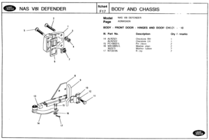 Page 549
NAS V81 DEFENDER 
f iche4 
Fl7 BODY AND CHASSIS 
.. >. .- - 
I 2 Model NAS V81 DEFENDER I 
Page AGNXGA2A 
BODY - FRONT DOOR - HINGES AND DQOW CHECf; - ?I0 
Ill.  pa^ No. Description Qty f ;-?marks 
Checkilnk RH 
Checklink LH 
Pin clevis 
Washer 
plain 
Washer rubber 
R clip   