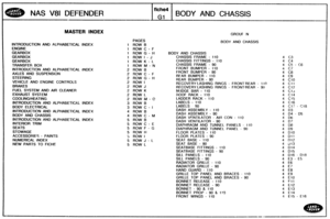 Page 551
NAS V81 DEFENDER 
f iche4 
I ,, I 
BODY AND CHASSIS 
MASTER INDEX 
INTRODUCTION  AND  ALPHABETICAL  INDEX 
ENGINE 
GEARBOX 
GEARBOX 
GEARBOX TRANSFER  BOX 
INTRODUCTION  AND  ALPHABETICAL 
INDEX 
AXLES  AND  SUSPENSION 
STEERING 
VEHICLE  AND  ENGINE CONTROLS 
BRAKES 
FUEL  SYSTEM  AND AIR CLEANER 
EXHAUST 
SYSI EM 
COOLlNG/HEATING 
IMTR8DUCTOON AND ALPHABETICAL  INDEX 
BODY ELECTRICAL 
INTRODUCTION 
AND ALPHABETICAL INDEX 
BODY AND CHASSIS 
INTRODUCTION  AND  ALPHABETICAL  INDEX 
INTERIOR  TRIM 
SEATS...