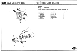 Page 554
Model NAS V8i DEFENDER 
Page AGNXGA2A 
NAS V81 DEFENDER 
fiche4 
I s4 
BODY-FRONT DOOR-HINGES & DOOR CHECK-90-FROM 95 
BODY AND CHASSIS 
Ill. Part No. Description Qty Remarks 
Checklink RH 
Checklink LH 
Pin clevis 
Washer plain 
Washer  rubber 
R clip   