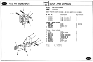 Page 555
NA3 V81 DEFENDER BODY AND CHASSIS 
Mode( NAS V81 DEFENDER 
BODY-FRONT DOOR-HINGES & CHECK-SeSTA60QN WAGON 
Ill. Part No. Description Qty Remarks 
1 MXC8284 Hinge  door upper RH 
MXC8285 Hinge  door upper LH 
MXC8202 Hinge door lower RH 
MXC8283 Hinge  door  lower LH 
Fixings - Hinge to door 
2 MWC1899 
MWC1898 Packing piece 
3 MRC198(3 Washer nylon 
4 MH605041L 
Fixings - Hinge PO body 
5 79221 
6  347369 
Washer  seating 
7 MR62178 
8 MWC5018 Channel  check  strap 
MWC5019 Channel check strap 
9...