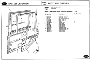 Page 562
BODY AND CHASSIS 
Model NAS V81 DEFENDER 
BODY - REAR SIRE DOOR CLINCHED ASSEMBLY - 110 
HI. Part No. Description Qty Remarks 
1 MXCS194 Door rear  side RH 
MXC5195 Door rear  side kH 
2 392743  Pad sound  deadening 
3 RTC6238 Panel inner RH 
RTC6239 Pansl inner LH 
4 SH106167 
5 WA106041L Washer  plain 
6 201235 Filler  corner 
7 MUCl651 Filler vertical 
8 MTC8788 Filler top RH 
MTC8789 Filler top LH 
9 lklWC1900 Seal waist  inner 
10 
MUC8604 Seal  waist  outer RH 
MUCI 605 Seal  waist  outer LH 
1s...