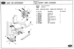 Page 564
NAS V81 DEFENDER BODY AND CHASSIS 
~od@l NAS V81 DEFENDER 
Page AGNXG12A 
BQDV - REAR SIDE DOOR - HINGES AND 
Checklink RH 
Checklink hH 
Washer plain 
Nut 
Panel waterdarn RH 
Panel waterdarn LH 
Screw 
Bracket  checklink 
RH 
Bracket checkltnk LH 
Screw 
Shim 
Washer  shakeproof 
Nut - Fianged M8 
DOORCHECK - 190 
Glty Remarks   