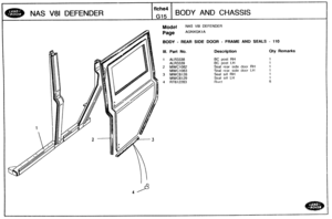 Page 565
BODY AND CHASSIS 
Model NAS V81 DEFENDER 
AGNXGK1 A 
BODY - REAR SIDE DOOR - FRAME AND SEALS - 110 
ill. Part Ms. Description Qty Remarks 
1 ALR3338 BC post RH 
BC post LH 
2 MWC1082 Seal rear side door RH 
Seal real- side door LH 
Seal sill RH 
Seal 
sill hH 
4 RT612283   