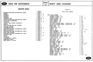 Page 569
GROUP N 
81 DEFENDER 
PAGES BODY AND CHASSIS 
INTRODUCTION AND  ALPHABETICAL  INDEX 1 WOW 5 
ENGINE 
1 ROW C - F 
GEARBOX I ROW G - H BODY AND  CHASSIS 
GEARBOX 
1 ROW I - J CHASSIS  FRAME - 1 10 4 C3 
f lick4 
GEARBOX 
TRANSFER BOX 
INTRODUCTION  AND ALPk-4BETICAL INDEX 
AXLES  AND SUSPENSION 
STEERING 
VEHICLE AND ENGINE CONTROLS 
BRAKES 
I 
FUEL SYSTEM AND AIR  CLEANER 
EXHAUST  SYSTEM 
COQLING/HEATING 
-- - -- 
INTRODUCTION  AND  ALPHABETICAL  INDEX 
BODY  ELECTRICAL 
iNTRODUCTlON AND ALPHABETICAL...