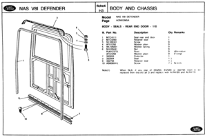 Page 571
MAS V81 DEFENDER BODY AND CHASSIS 
Model NAS V81 DEFENDER 
AGNXGM5A 
BODY - SEALS - REAR END DOOR - 110 
811. Part No. Description GRy Remarks 
1 MTC4111 Seal rear end door 
2 MTC4290 Retainer  seal 
3 
SE105061 
4 AFU1256 Washer  plain 
5 
WL105001 Washer spring 
6 NH105041 
Washer  plain 
7 333203  Protector 
tl 332564 
9 332756 Retairler seal 
10 AB606041 L Screw 7 ) Ni~tc?.(l) 
When NLA. if any one of 333203, 9325634 or 332756 need tc! he 
replaced then discard all 3 and replacc w~lh Al R4769 and...