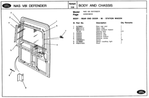 Page 572
Model AS V8l DEFENDER 
Page AGNXGM~ B 
NAS V8I DEFENDER 
BODY - REAR END DQOR - 90 - STATION WAGON 
Ill. Part No. Description Qty Remarks 
f iche4 
H4 
Door rear end 
Glass  clear 
Glass  sundym 
heated 
Glazing  strip 
Retainer  top 
Retainer 
side 
Retainer bottom 
Retainer  corner 
Screw 
Striker  courtesy  light 
Rivet 
BODY AND CHASSIS   