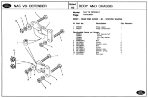 Page 573
NAS V81 DEFENDER BODY AND CHASSIS 
NAS V8l DEFENDER 
AGNXGM2B 
BODY - REAR END DOOR - W - STATION WAGON 
ill. Part No. Description Qty Remarks 
1 333038 Hinge  upper 
2 346341 Hinge centre/lower 
Senriceable items on hinges 
Self aligning  ball 
3 MH604041L 
4 SE108501 
5 MRC1980 Washer ny Ion 
6 FN108047L 
7 SE108251 
8 WC108051L 
9 WL1OeM)OlL 
10 FN108047L 
1: MTC1042   