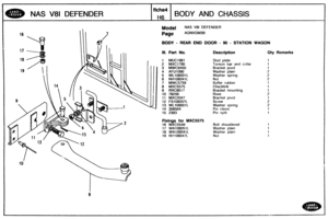 Page 574
NAS V81 DEFENDER BODY AND CHASSIS 
Model NAS V81 DEFENDER 
BODY - WEAR END DOOR - 90 - STATION WAGON 
Ill. Pae No. Description Qty Remarks 
1 MUC1961 
2 MXC1790  3 MWC6450 Bracket pivot 
4 AFU1080 
5 WL106001L 
6 NH1~04dL 
7 MWC5759 Buffer  rubber 
8 MXC5575 Checklink 
9 RRC8517 Bracket  mounting 
12 FS108207L 
13 WL10800tL Washer  spring 
Pin clevis 
15 2393 
Fixings for MXC5575 
16 MXC5549 Bolt shouldered 
17 WA108051L Washer plain 
18 WA106041L 
19 NY106047L   