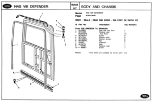 Page 575
NAS V81 DEFENDER BODY AND CHASSIS 
Mode( NAS V81 DEFENDER 
BODY - SEALS - REAR END DOOR - Dm PORT OF ENTRY FIT 
110. Bart No. Description Qty Remarks 
From WIN RA939334 To RA945393 
1 ALR4929 Seal rear end door 
2 MYC4290 Retainer seal 
RU612373L 
3 SE185161L 
4 AFU1256 
5 WL1050011. 
6 NH105841L 
7  333203 Protector 
8 AhR4770 
9 / R4769 Retainer seal 
10 A 606057 
These items are avaifable as service part.: only   